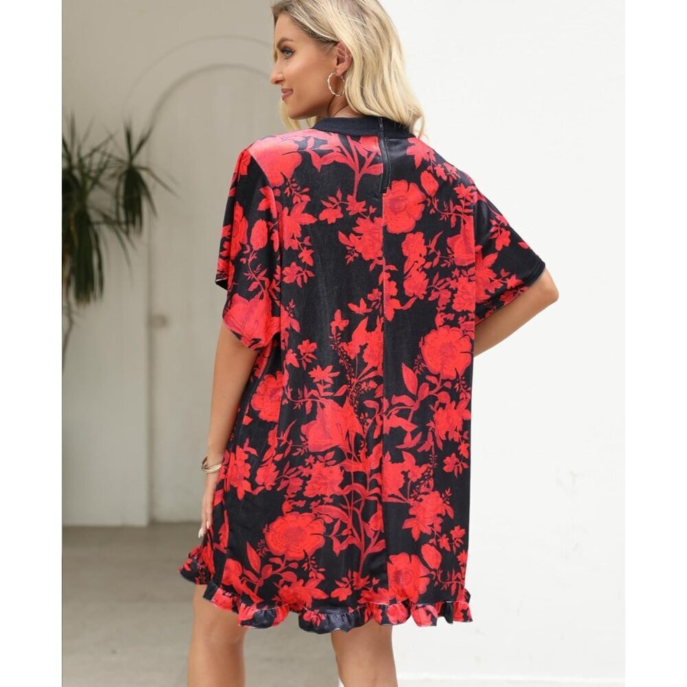 Women's Red Vintage Velvet Dress Mini Floral Printed Short Sleeve - Picture 3 of 7
